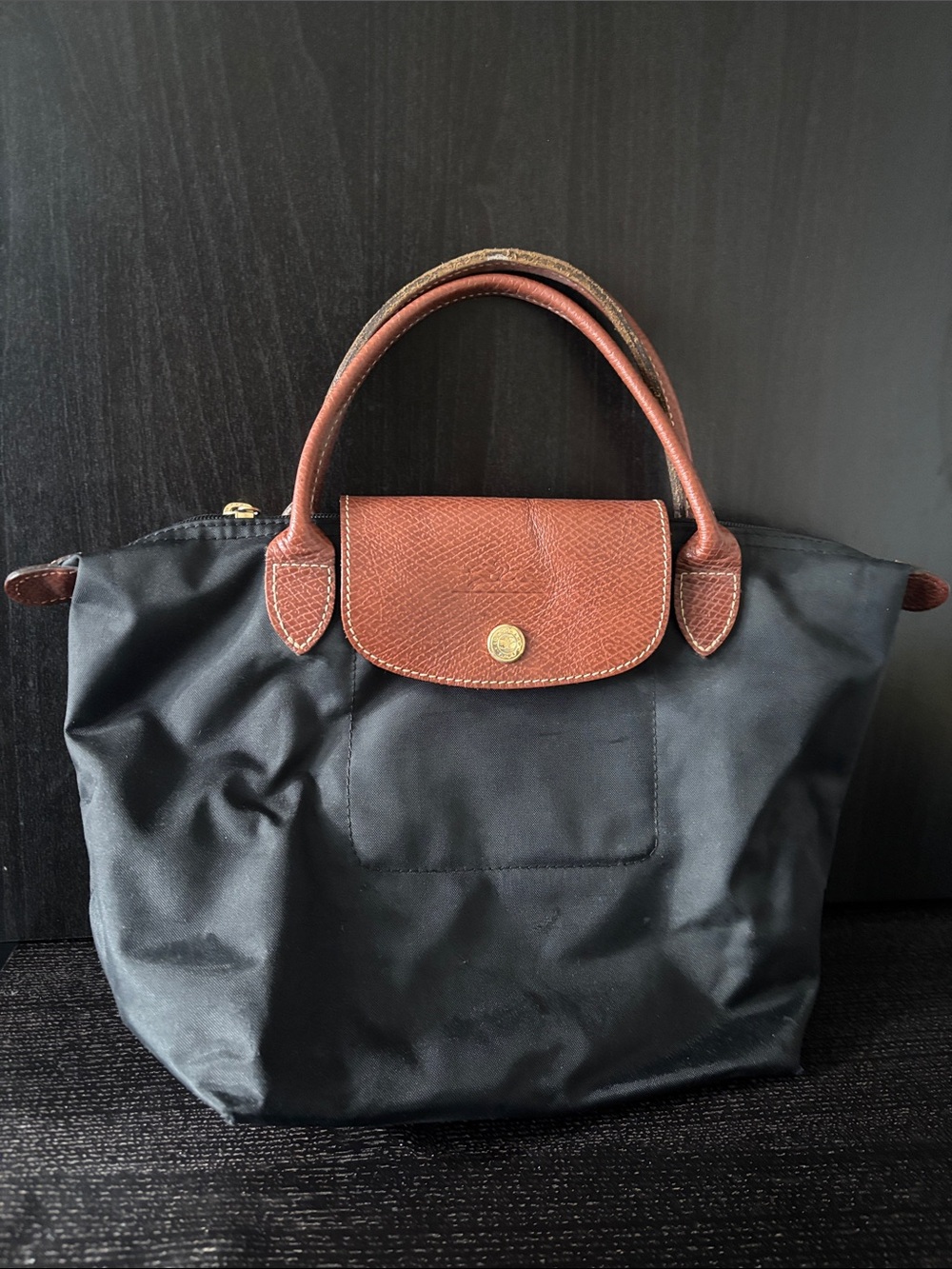 Longchamp Classic Black & Brown Nylon Tote Handbag